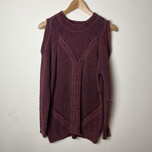 UMGEE Sweaters - Umgee USA Sweater Womens Large Burgundy Cotton Cable Knit Cold Shoulder Pullover